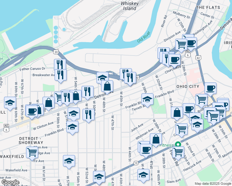 map of restaurants, bars, coffee shops, grocery stores, and more near 4529 Detroit Avenue in Cleveland