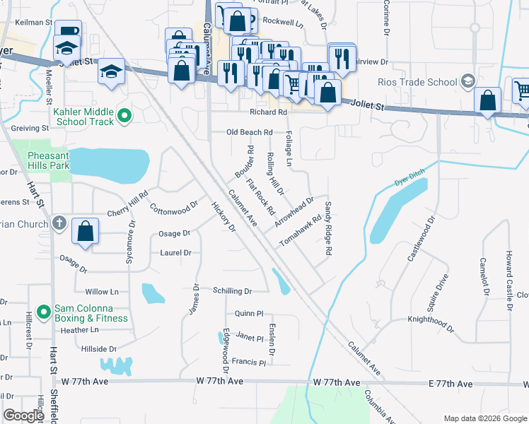 map of restaurants, bars, coffee shops, grocery stores, and more near 2446 Flat Rock Road in Dyer