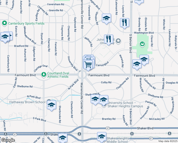 map of restaurants, bars, coffee shops, grocery stores, and more near 20609 Fairmount Boulevard in Shaker Heights