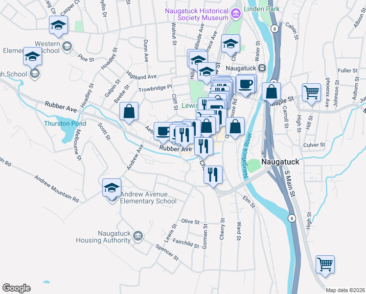 map of restaurants, bars, coffee shops, grocery stores, and more near 129 Rubber Avenue in Naugatuck