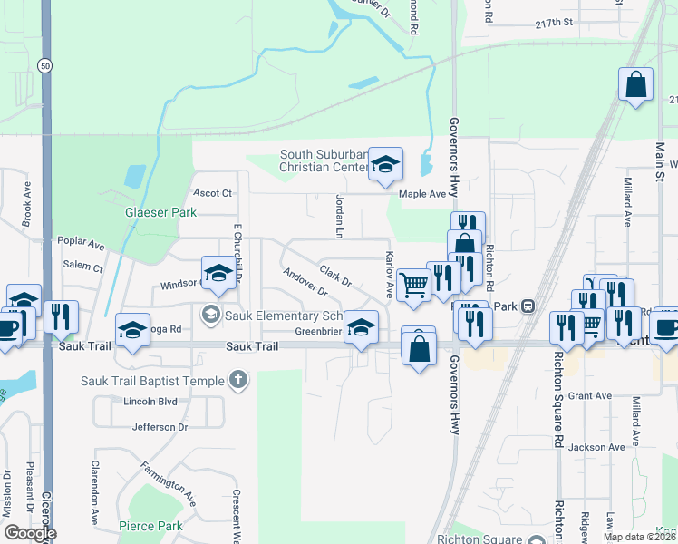 map of restaurants, bars, coffee shops, grocery stores, and more near 4214 Clark Drive in Richton Park