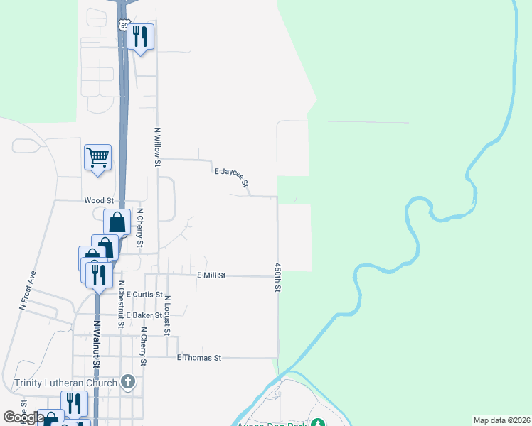 map of restaurants, bars, coffee shops, grocery stores, and more near 609 Wood Street in Avoca