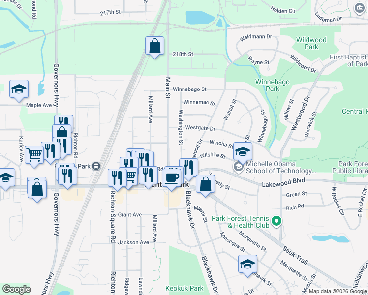 map of restaurants, bars, coffee shops, grocery stores, and more near 211 Washington Street in Park Forest