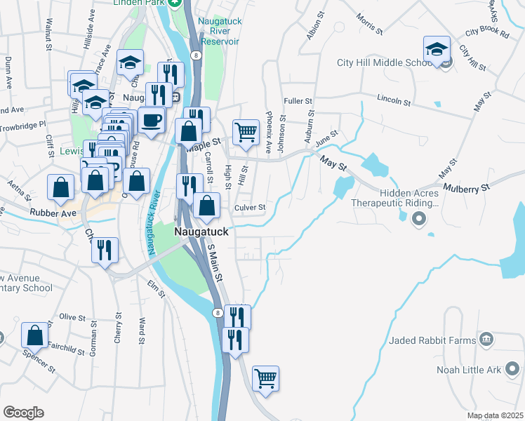 map of restaurants, bars, coffee shops, grocery stores, and more near 62 Homestead Avenue in Naugatuck