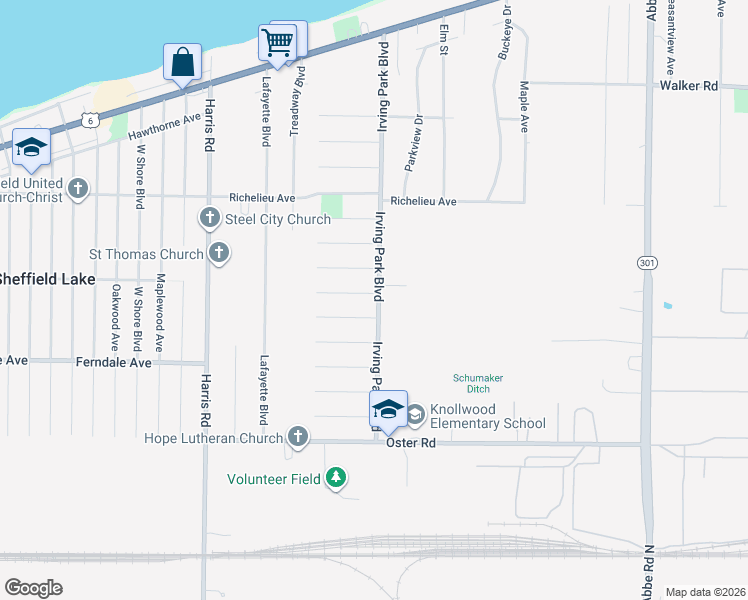 map of restaurants, bars, coffee shops, grocery stores, and more near 709 Irving Park Blvd in Sheffield Lake