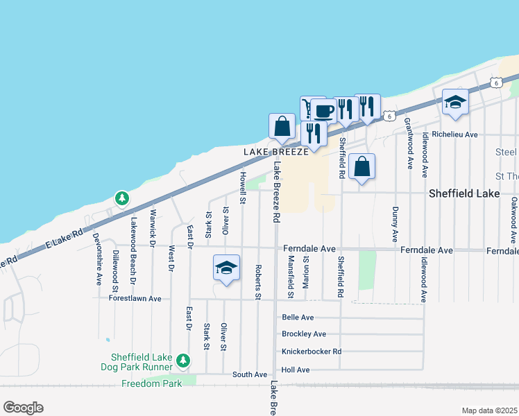 map of restaurants, bars, coffee shops, grocery stores, and more near 728 Roberts Street in Sheffield Lake