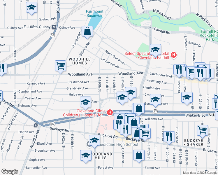 map of restaurants, bars, coffee shops, grocery stores, and more near 2649 East 111th Street in Cleveland
