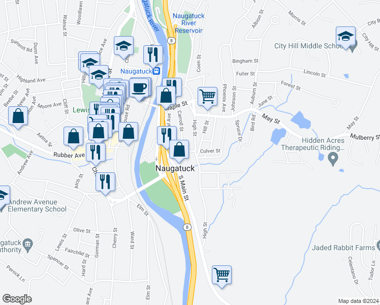 map of restaurants, bars, coffee shops, grocery stores, and more near 111 Carroll Street in Naugatuck