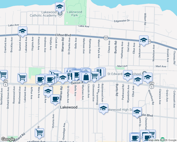 map of restaurants, bars, coffee shops, grocery stores, and more near 1341 Marlowe Avenue in Lakewood