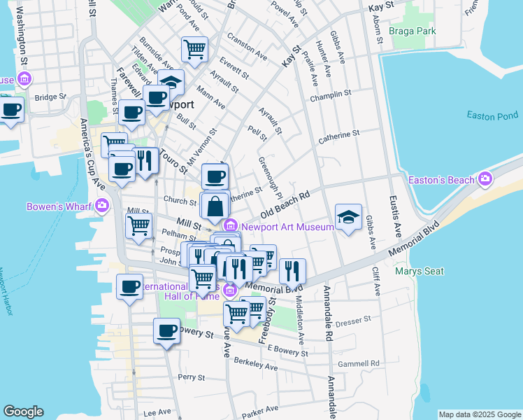 map of restaurants, bars, coffee shops, grocery stores, and more near 8 Cottage Street in Newport