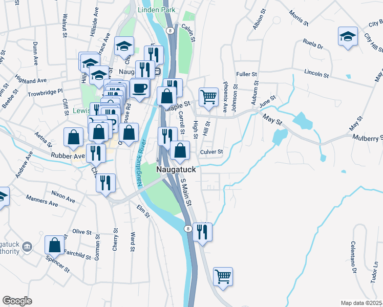 map of restaurants, bars, coffee shops, grocery stores, and more near 97 Carroll Street in Naugatuck