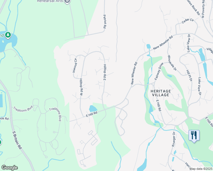 map of restaurants, bars, coffee shops, grocery stores, and more near 853 Hilltop Road East in Southbury