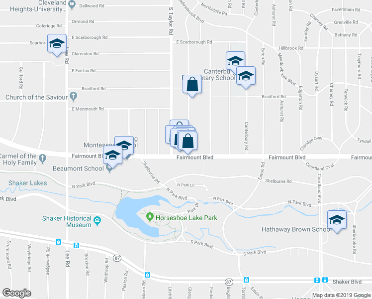 map of restaurants, bars, coffee shops, grocery stores, and more near 2664 Queenston Road in Cleveland Heights