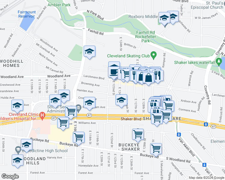 map of restaurants, bars, coffee shops, grocery stores, and more near 2624 East 124th Street in Cleveland