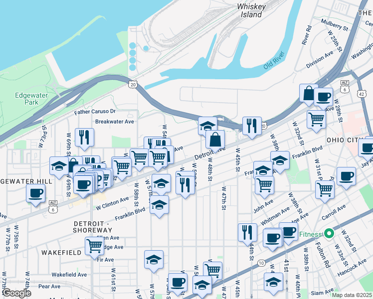 map of restaurants, bars, coffee shops, grocery stores, and more near 5001 Tillman Avenue in Cleveland