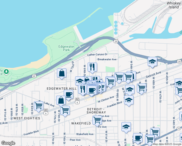 map of restaurants, bars, coffee shops, grocery stores, and more near in Cleveland