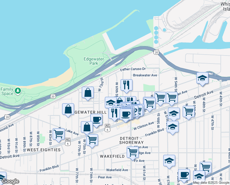 map of restaurants, bars, coffee shops, grocery stores, and more near 1271 West 69th Street in Cleveland