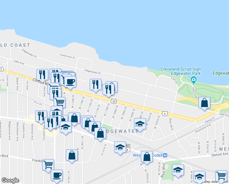 map of restaurants, bars, coffee shops, grocery stores, and more near in Cleveland