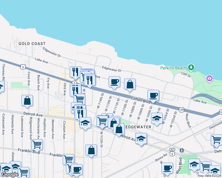 map of restaurants, bars, coffee shops, grocery stores, and more near 11206 Clifton Boulevard in Cleveland