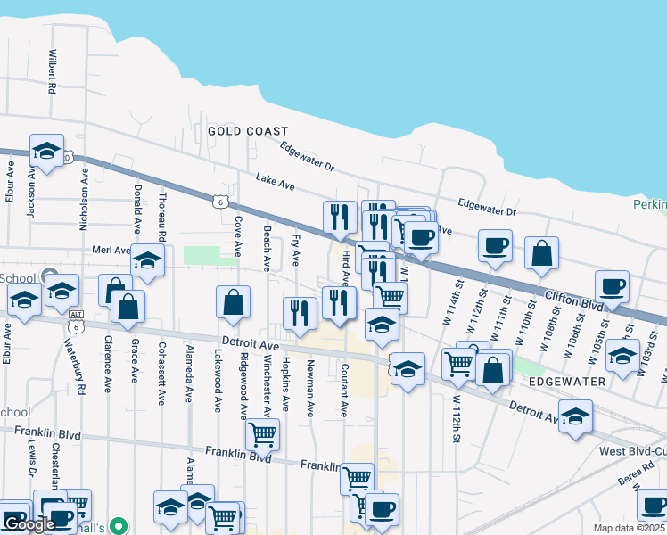 map of restaurants, bars, coffee shops, grocery stores, and more near 1291 Idlewood Avenue in Lakewood
