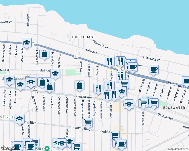 map of restaurants, bars, coffee shops, grocery stores, and more near 1297 Fry Avenue in Lakewood