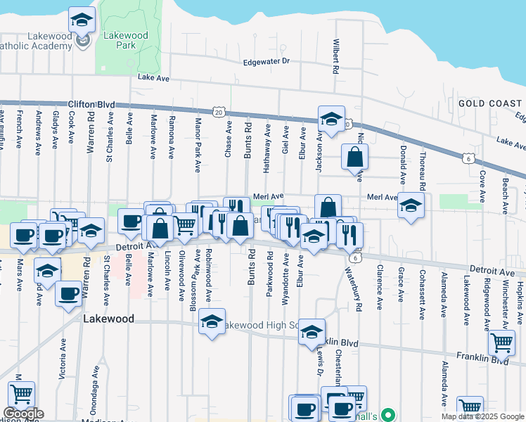 map of restaurants, bars, coffee shops, grocery stores, and more near 1345 Bunts Road in Lakewood