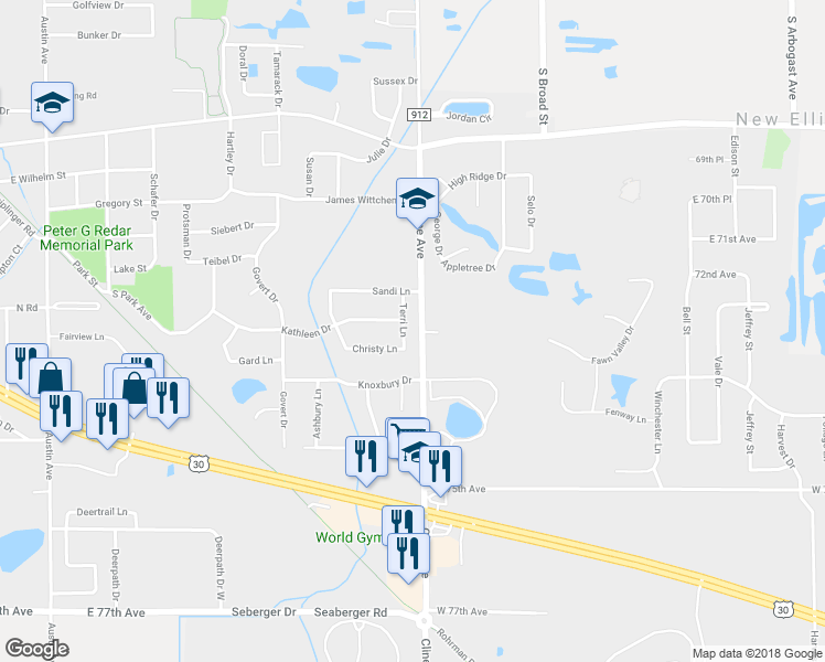 map of restaurants, bars, coffee shops, grocery stores, and more near 1931 Terri Lane in Schererville