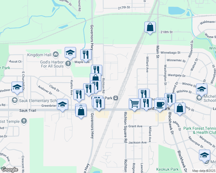 map of restaurants, bars, coffee shops, grocery stores, and more near 3905 Tower Drive in Richton Park