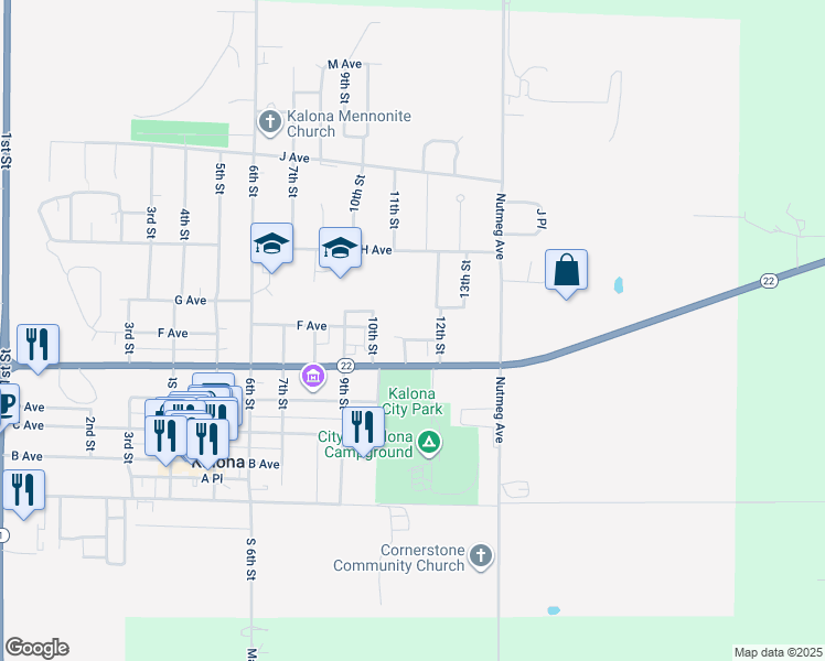 map of restaurants, bars, coffee shops, grocery stores, and more near 1101-1109 E Pl in Kalona