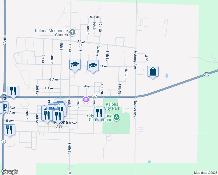 map of restaurants, bars, coffee shops, grocery stores, and more near 1007 10th St in Kalona