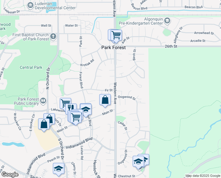 map of restaurants, bars, coffee shops, grocery stores, and more near 30 Fir Street in Park Forest