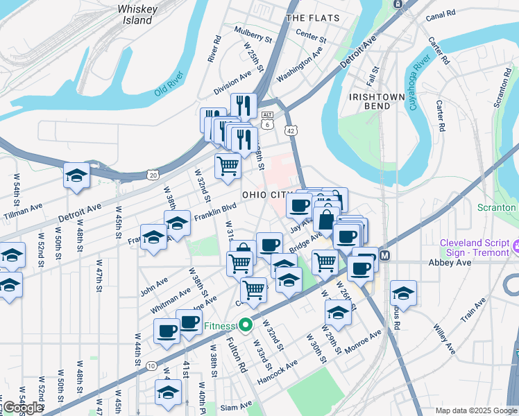 map of restaurants, bars, coffee shops, grocery stores, and more near 2831 Franklin Boulevard in Cleveland