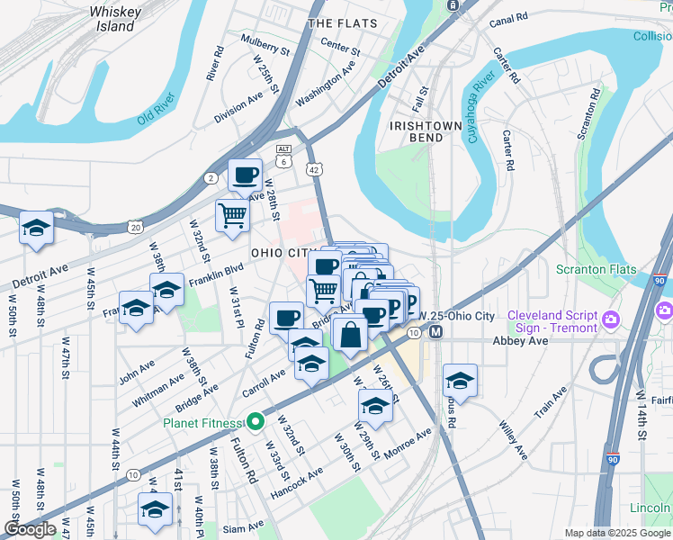 map of restaurants, bars, coffee shops, grocery stores, and more near 1756 West 25th Street in Cleveland