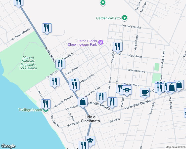 map of restaurants, bars, coffee shops, grocery stores, and more near 77 Via del Monumento in Anzio