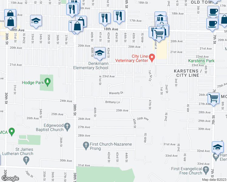 map of restaurants, bars, coffee shops, grocery stores, and more near 5 Waverly Drive in Rock Island