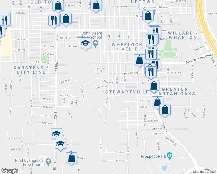 map of restaurants, bars, coffee shops, grocery stores, and more near 2526 12th Street in Moline
