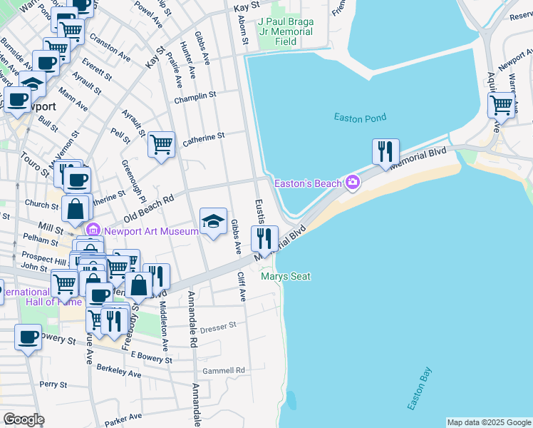 map of restaurants, bars, coffee shops, grocery stores, and more near 230 Eustis Avenue in Newport