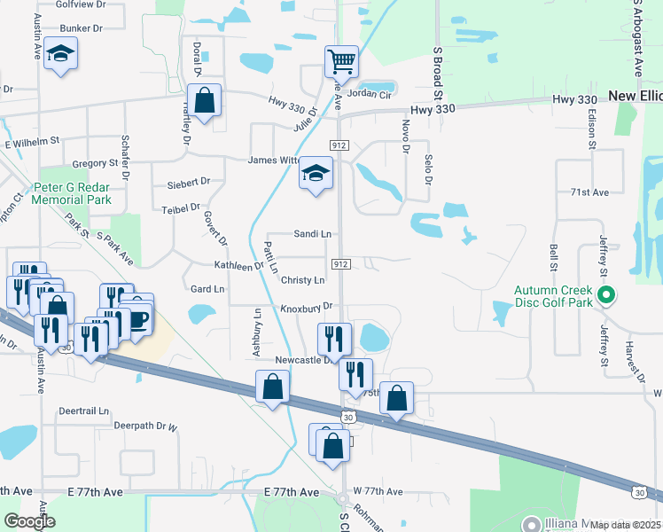 map of restaurants, bars, coffee shops, grocery stores, and more near 1931 Terri Lane in Schererville