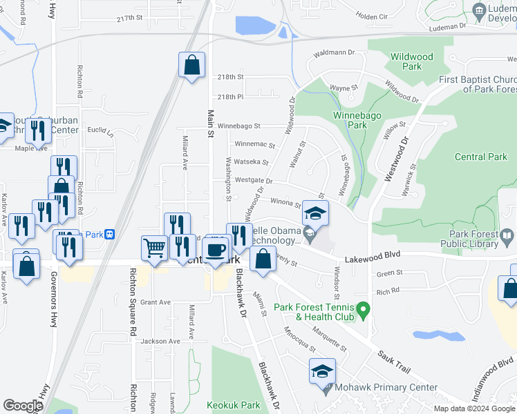 map of restaurants, bars, coffee shops, grocery stores, and more near 511 Wildwood Drive in Park Forest