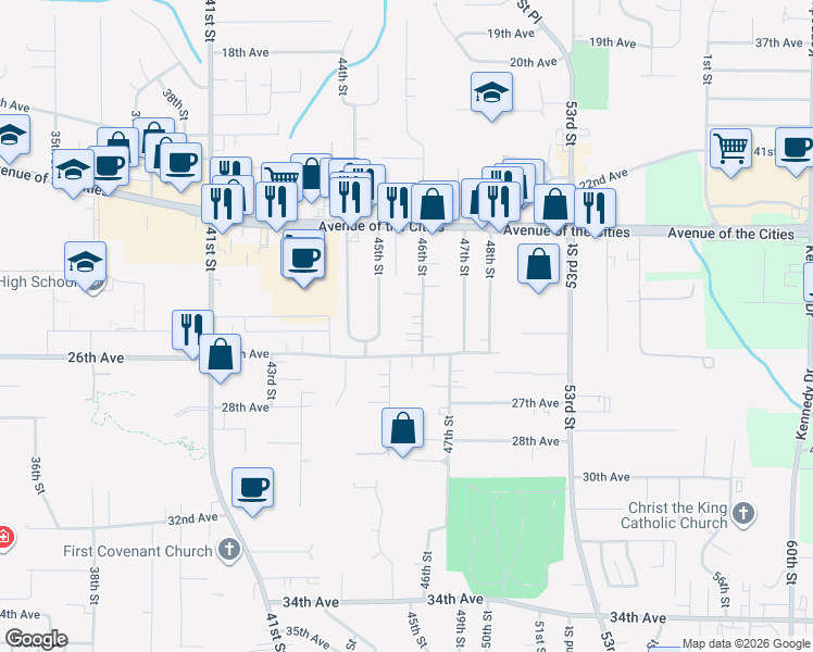 map of restaurants, bars, coffee shops, grocery stores, and more near 2501 46th St in Moline