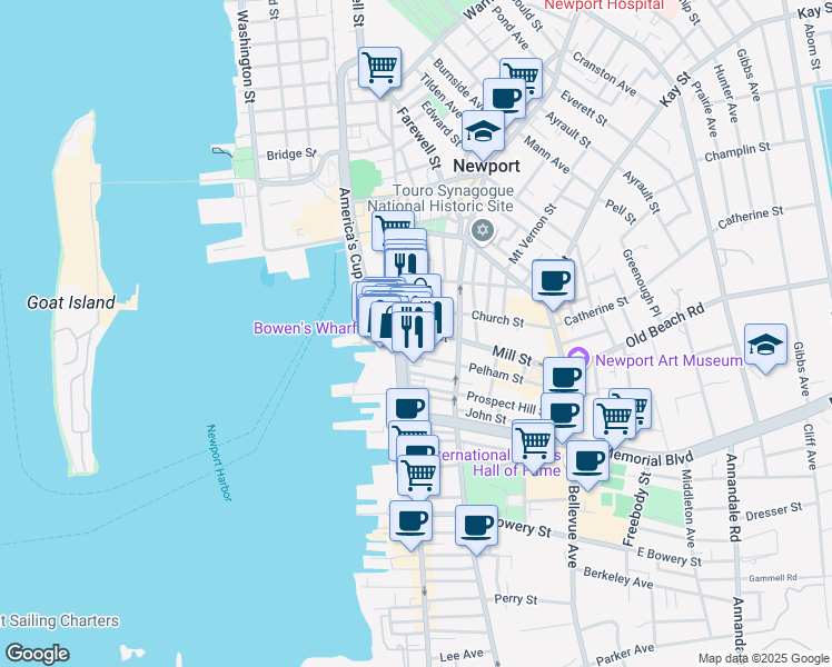 map of restaurants, bars, coffee shops, grocery stores, and more near 14 Mill Street in Newport