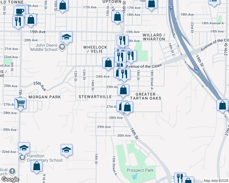 map of restaurants, bars, coffee shops, grocery stores, and more near 2503 16th Street in Moline
