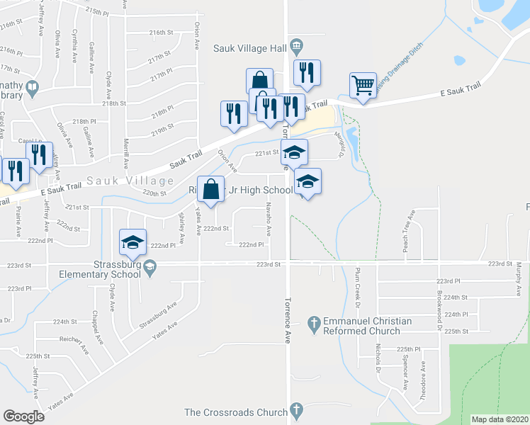 map of restaurants, bars, coffee shops, grocery stores, and more near 22164 Navaho Avenue in Sauk Village