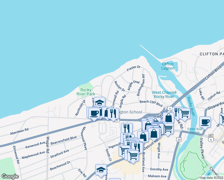 map of restaurants, bars, coffee shops, grocery stores, and more near 20045 Frazier Dr in Rocky River