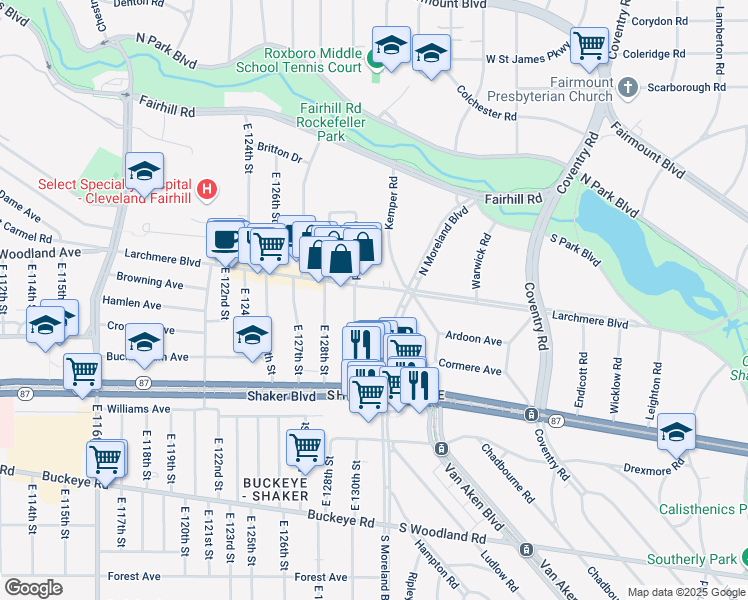 map of restaurants, bars, coffee shops, grocery stores, and more near 13100 Larchmere Boulevard in Cleveland