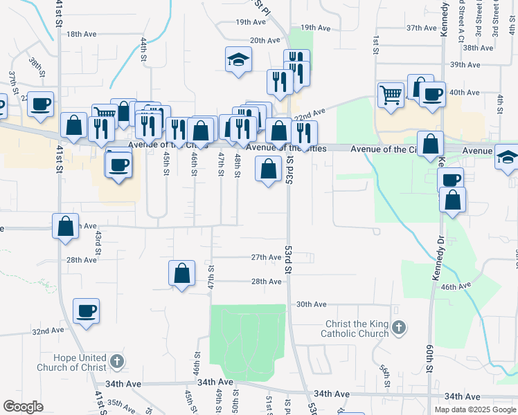 map of restaurants, bars, coffee shops, grocery stores, and more near 5111 25th Avenue Court in Moline