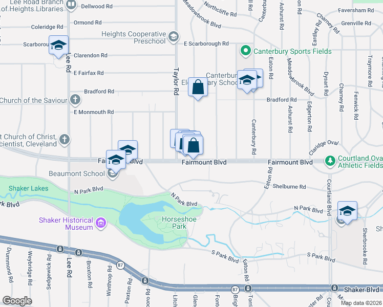 map of restaurants, bars, coffee shops, grocery stores, and more near 2664 Queenston Road in Cleveland Heights