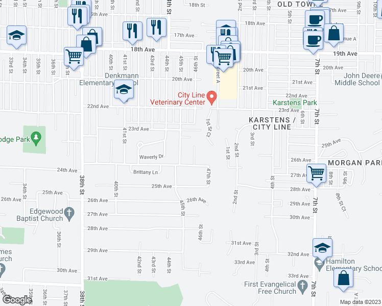 map of restaurants, bars, coffee shops, grocery stores, and more near 2330 46th Street Court in Rock Island