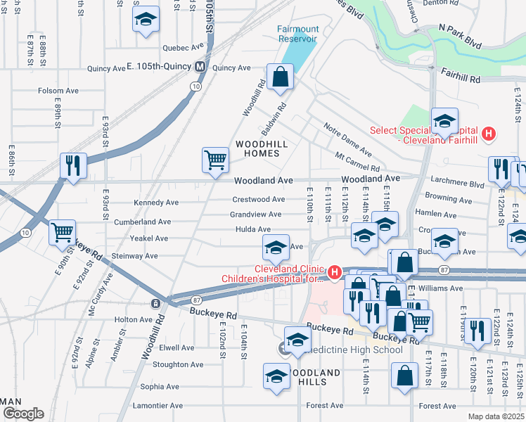 map of restaurants, bars, coffee shops, grocery stores, and more near 10623 Grandview Avenue in Cleveland
