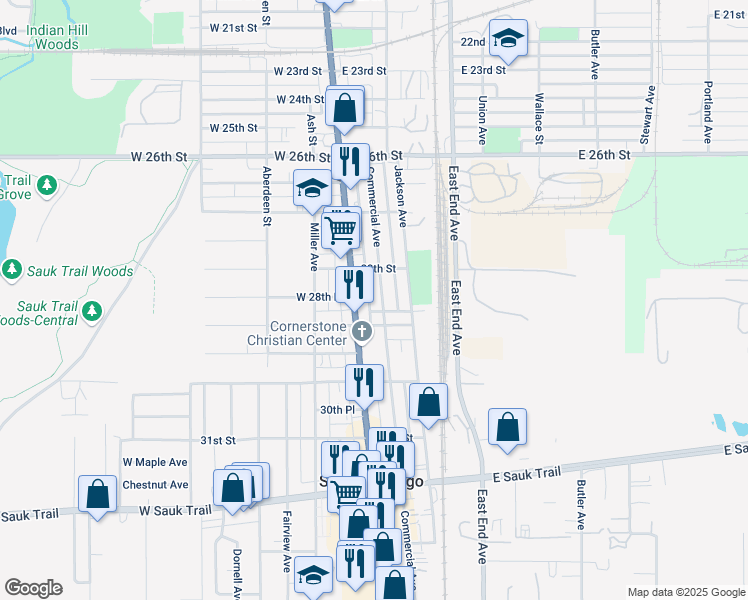 map of restaurants, bars, coffee shops, grocery stores, and more near 2822 Commercial Avenue in South Chicago Heights